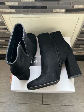 BAMBOO Black Suede Square‑Toe Ankle Booties w/ Side Zip